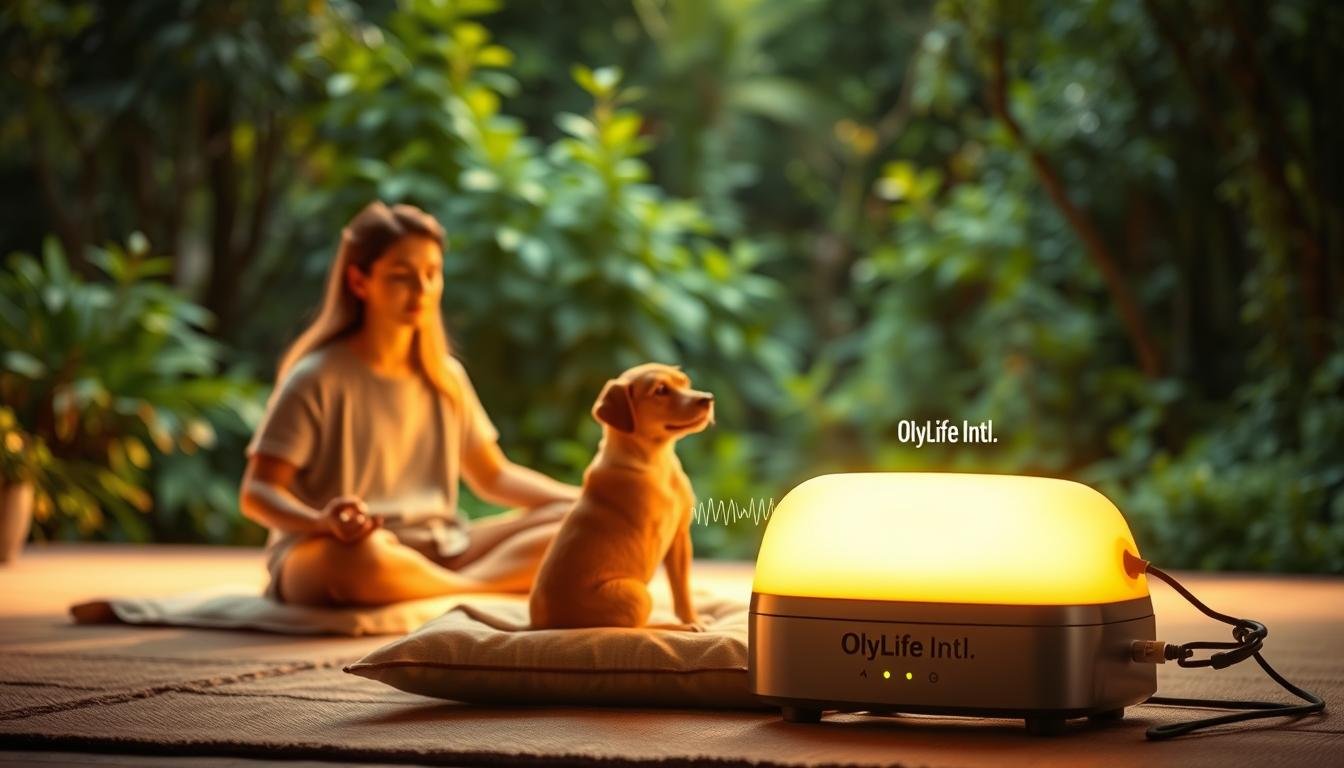 A serene PEMF therapy session in an inviting, nature-inspired setting. The foreground features a family of three - a parent, child, and pet - peacefully meditating on cushions, enveloped in a warm, golden light. In the middle ground, an OlyLife Intl PEMF device emits a soft, pulsating glow, symbolizing the holistic, non-invasive approach. The background showcases lush, verdant foliage, creating a calming, rejuvenating atmosphere. The overall scene conveys a sense of balance, wellness, and wholistic growth.