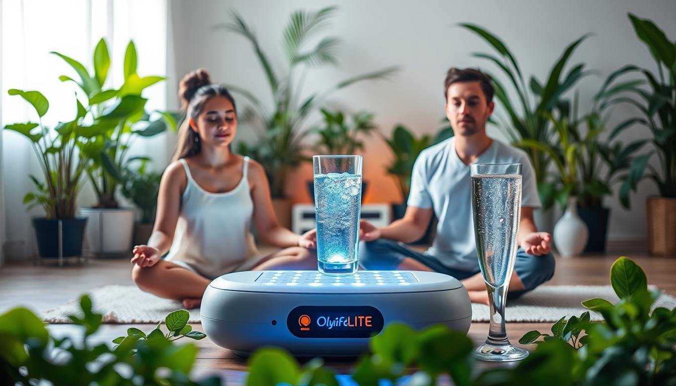 A serene indoor scene showcasing the OlyLife Intl PEMF therapy device, surrounded by a lush, hydrating environment. In the foreground, a family of three sits cross-legged on the floor, engaged in a mindful meditation session, their bodies basking in the gentle glow of the PEMF device. The middle ground features an array of healthy, vibrant plants and a glass of refreshing water, symbolizing the importance of hydration. The background is softly lit, creating a calming, rejuvenating atmosphere that encourages growth and well-being. The overall composition conveys the synergistic benefits of PEMF therapy, hydration, and a holistic lifestyle.