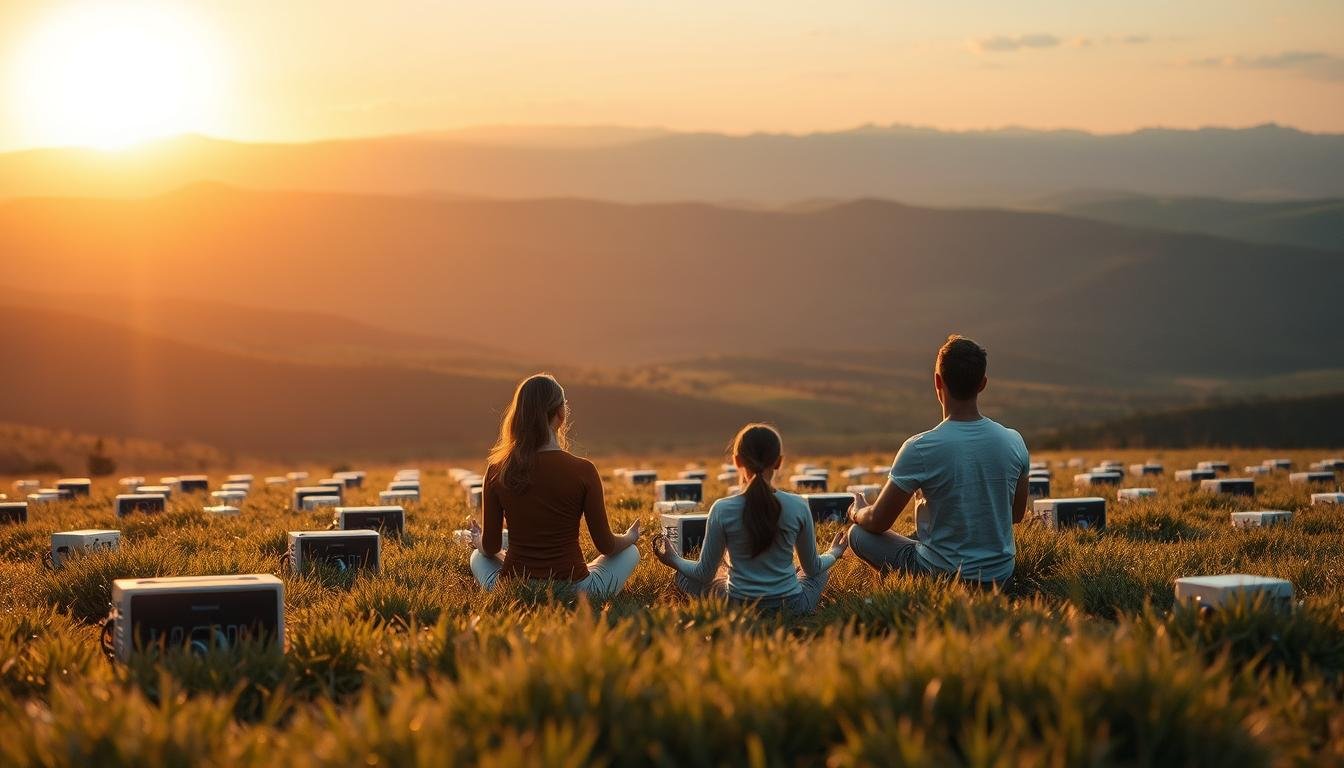 Un paisaje sereno donde convergen tecnologías curativas sinérgicas. En primer plano, una familia medita en medio de un campo de generadores de campos electromagnéticos pulsados de OlyLife Intl, cuyos cuerpos emanan una suave luminosidad terapéutica. En segundo plano, ondas de terahercios se propagan en cascada por el aire, interactuando con el campo geomagnético para promover el crecimiento y el bienestar. Al fondo, una vista panorámica de colinas ondulantes, bañadas por la cálida luz del atardecer, simboliza la armonía de la curación natural y tecnológica. El ambiente general es de tranquilidad, vitalidad y equilibrio de mente, cuerpo y espíritu.