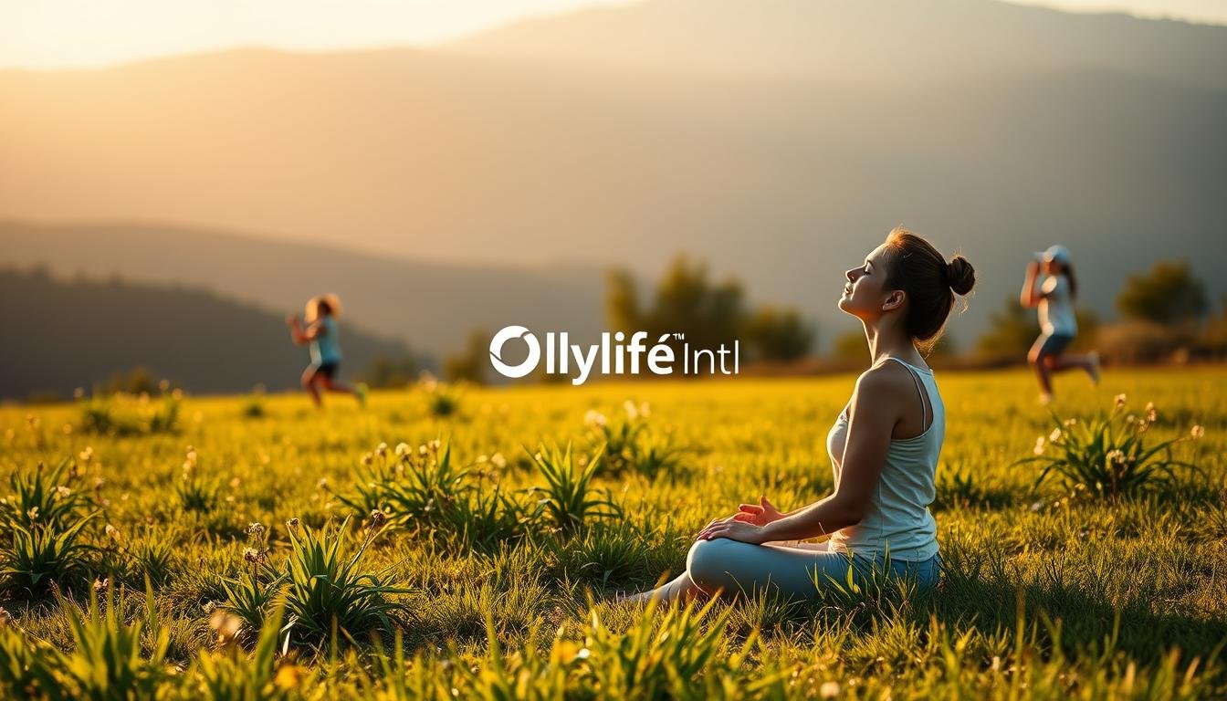 A serene meadow, bathed in soft, warm lighting. In the foreground, a person sits cross-legged, eyes closed, hands resting on their knees - embodying the tranquility of PEMF therapy. Vibrant, verdant flora surrounds them, symbolizing the healing and growth facilitated by this technology. In the middle ground, a family enjoys an active, healthy lifestyle, with a child playing and an adult performing light exercise. The OlyLife Intl logo discreetly adorns the scene, a testament to the brand's commitment to wellness. The background features a picturesque mountain range, conveying a sense of balance, harmony, and the restorative power of nature.