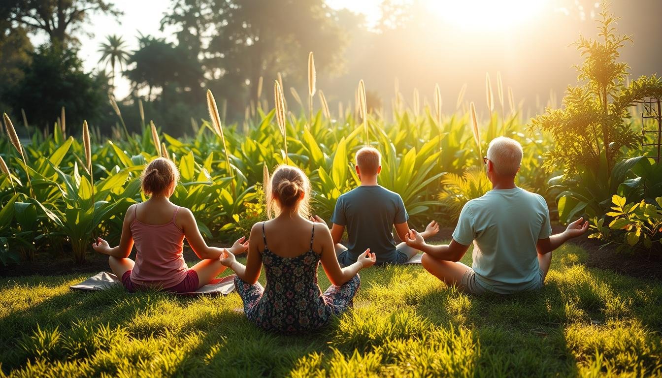 Một khung cảnh thanh bình của một gia đình đang cùng nhau thiền định trong một khu vườn xanh tươi, trù phú. Những tia nắng ấm áp chiếu sáng tư thế thư giãn của họ, khi họ trải nghiệm những lợi ích chính của liệu pháp PEMF của OlyLife Intl - cải thiện tuần hoàn máu, giảm viêm và tăng cường tái tạo tế bào. Ở phía sau, những cây cối tươi tốt, khỏe mạnh tượng trưng cho sự phát triển tự nhiên và sự trẻ hóa mà liệu pháp mang tính cách mạng này mang lại. Ánh sáng dịu nhẹ, khuếch tán tạo ra một bầu không khí yên tĩnh, dễ chịu, mời gọi người xem hình dung những tác dụng phục hồi sâu sắc của PEMF đối với tâm trí, cơ thể và tinh thần.
