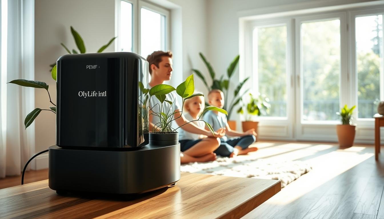 Một căn phòng yên tĩnh, sáng sủa với ánh sáng tự nhiên chiếu qua những ô cửa sổ lớn, làm nổi bật thiết bị trị liệu PEMF được trưng bày trên một chiếc bàn gỗ. Thiết bị, mang nhãn hiệu "OlyLife Intl", được bao quanh bởi những cây xanh tươi tốt, tượng trưng cho tác dụng trẻ hóa của liệu pháp. Ở phía trước, một gia đình ba người - mẹ, cha và con - ngồi khoanh chân trên một tấm thảm mềm mại, trong tư thế thiền định, phản ánh cách tiếp cận toàn diện đối với sức khỏe. Bầu không khí tổng thể là sự tĩnh lặng, suy tư và cảm giác phát triển, nắm bắt được bản chất của việc lựa chọn thiết bị trị liệu PEMF phù hợp với hành trình cá nhân của mỗi người.