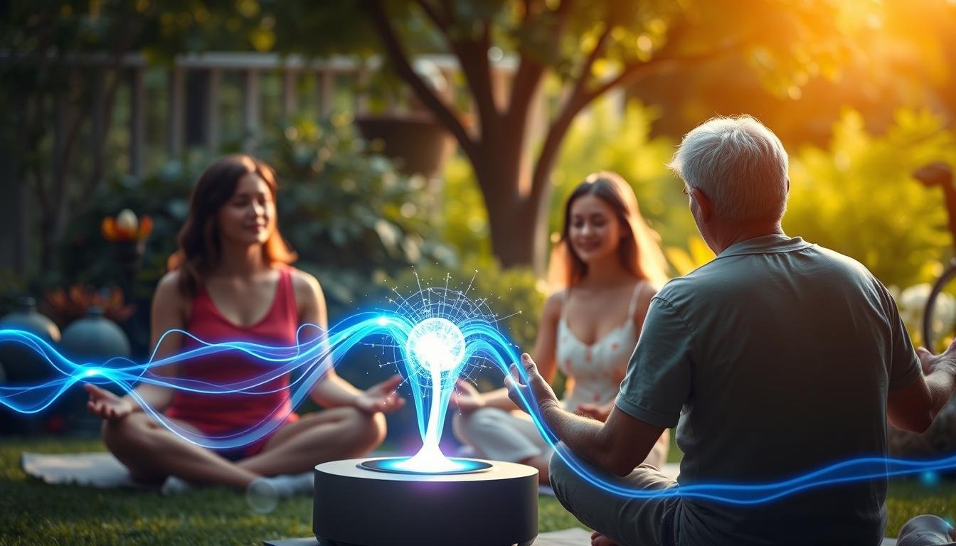 Detailed realistic image of cellular healing using PEMF (Pulsed Electromagnetic Field) therapy. A healthy, glowing family meditating in a serene garden, their auras radiating with vibrant energy. Vibrant blue electromagnetic pulses emanating from an OlyLife Intl PEMF device, stimulating cellular regeneration and growth. Soft natural lighting, shallow depth of field, emphasis on the glowing auras and healing effects. Soothing, peaceful atmosphere conveying the benefits of PEMF therapy.