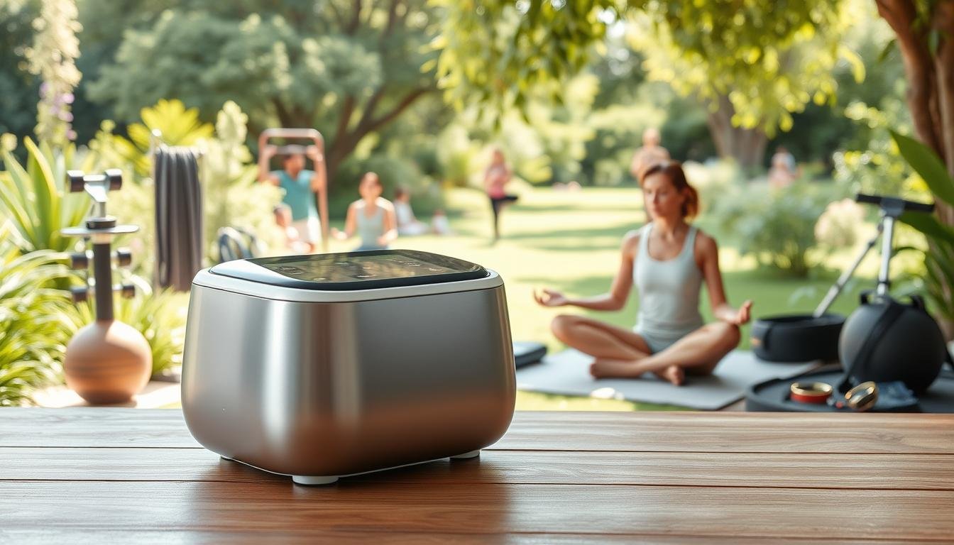 OlyLife Intl Tera-P90 wellness device system, a sleek and modern holistic health companion. A minimalist silver and white design sits on a natural wood surface, surrounded by lush greenery and soft lighting. In the foreground, a family gathers around the device, engaged in meditative poses, exuding an atmosphere of serenity and well-being. The middle ground features various exercise equipment and accessories, suggesting a comprehensive approach to fitness and overall wellness. The background showcases a serene, sun-dappled garden, evoking a sense of growth, harmony, and connection with nature. The scene conveys the essence of OlyLife Intl's commitment to a balanced, healthy lifestyle.