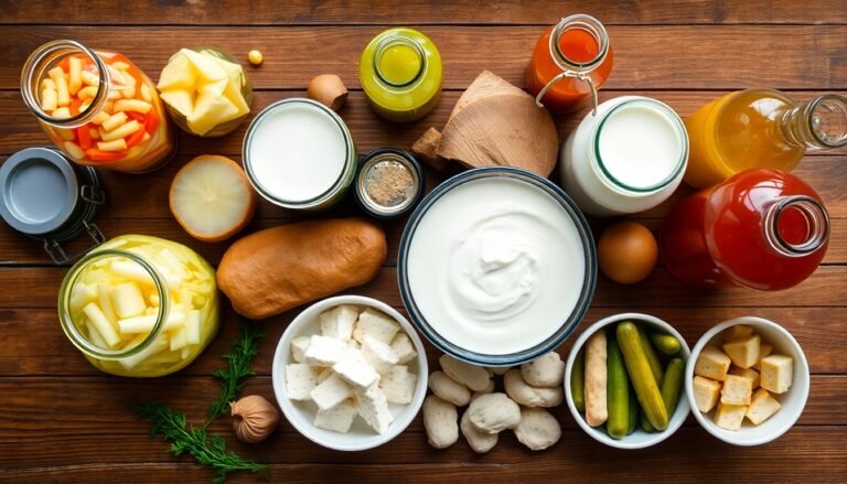 Fermented foods for gut health spread on wooden table