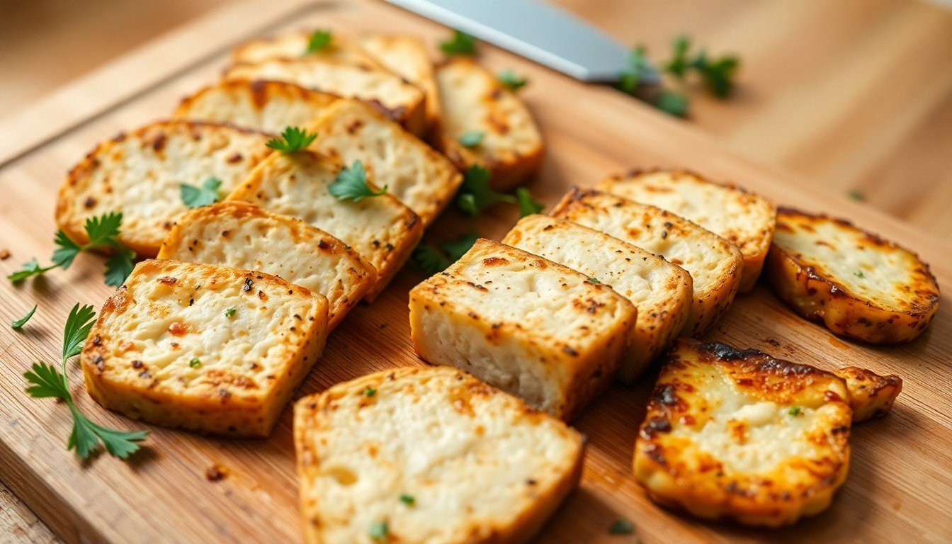 Sliced tempeh showing white mycelium pattern