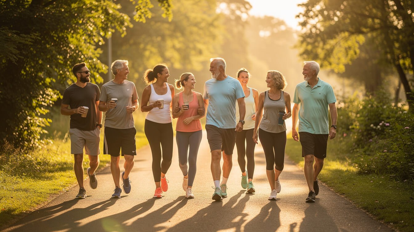 group of friends walking together for wellness