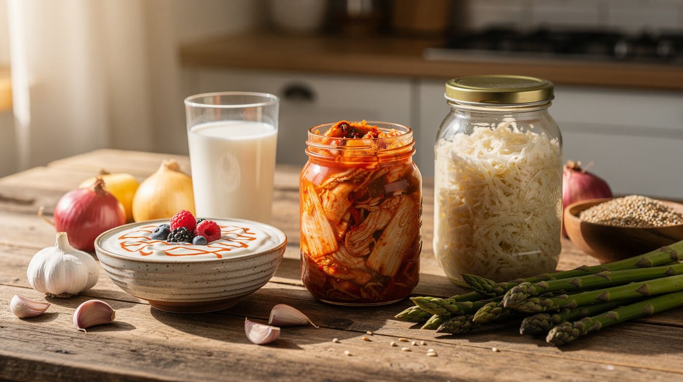 Thực phẩm lên men và các thành phần giàu prebiotic hỗ trợ sức khỏe đường ruột và giảm viêm.