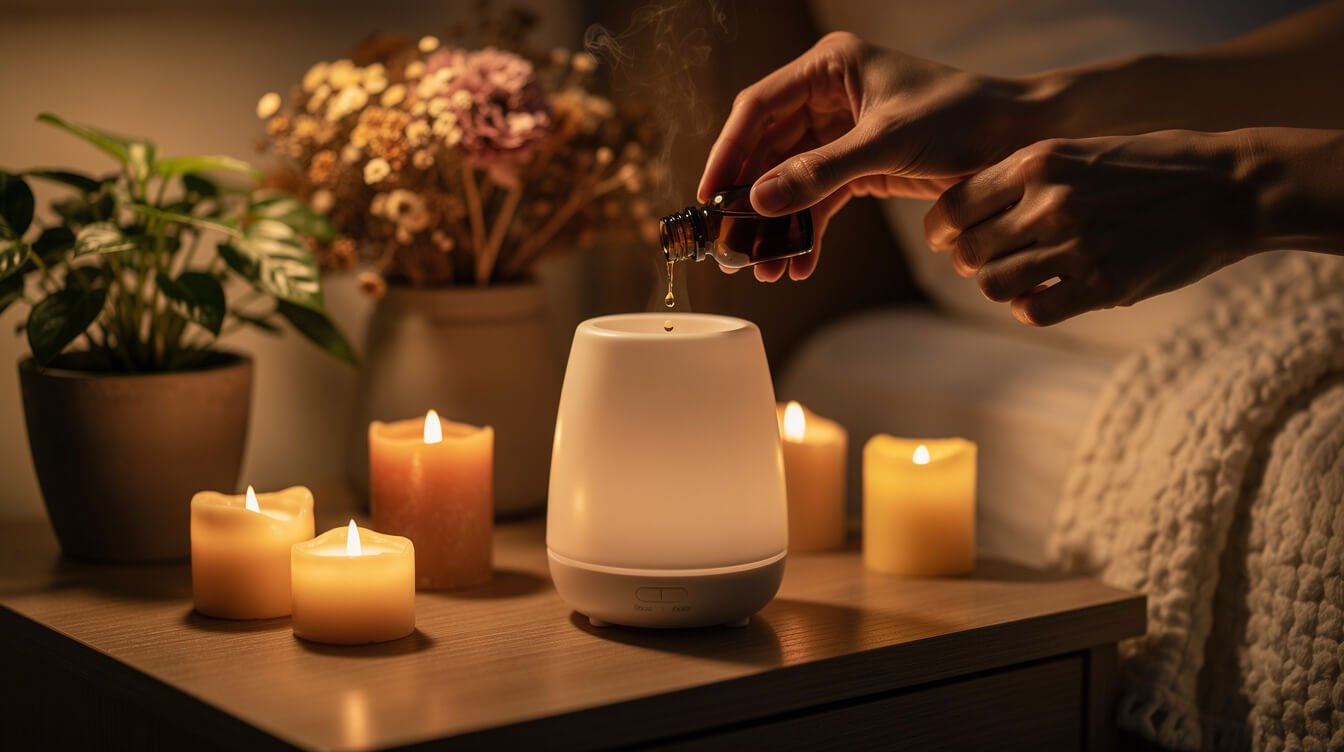 practicing aromatherapy at home with essential oil diffuser