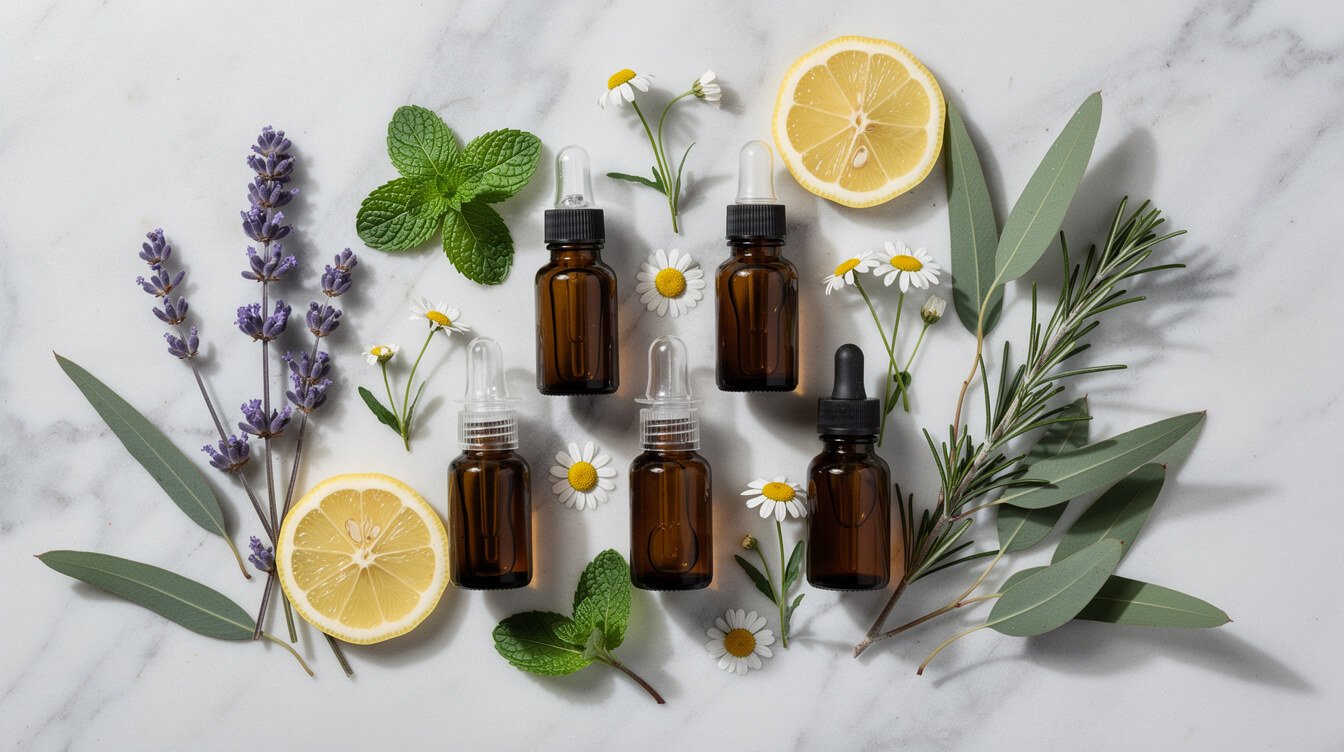 essential oils guide with lavender peppermint eucalyptus chamomile