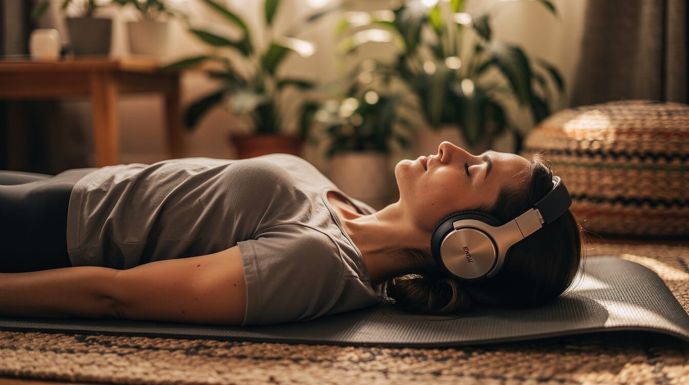 người đang nghe nhịp điệu hai tai để chữa lành và thư giãn