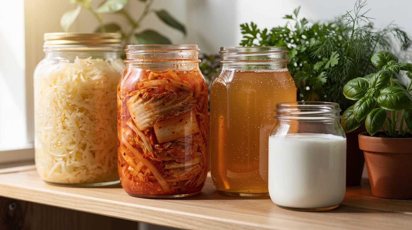 Thực phẩm lên men và các nguyên liệu tự nhiên hỗ trợ sức khỏe đường ruột.