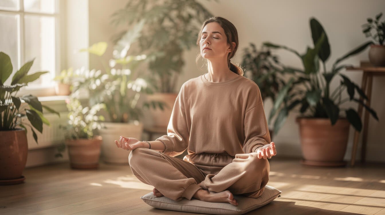 Người phụ nữ đang thực hành hít thở sâu để hỗ trợ dẫn lưu bạch huyết.