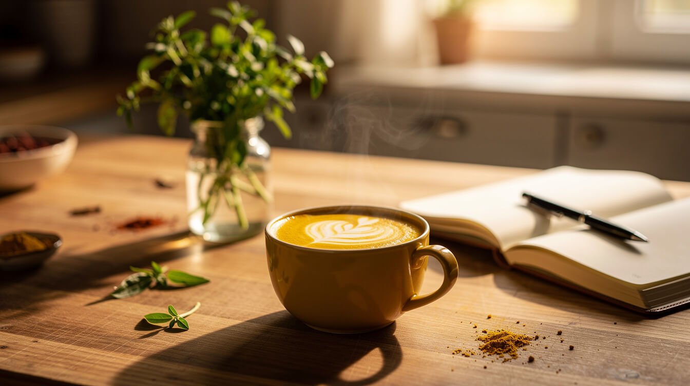 Escena acogedora en la cocina con latte de cúrcuma y hierbas medicinales.