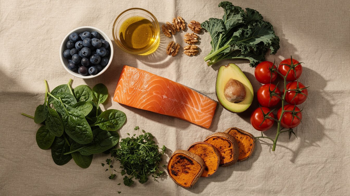 Alimentos antiinflamatorios coloridos, como el salmón, las bayas, las verduras de hoja verde y las grasas saludables.
