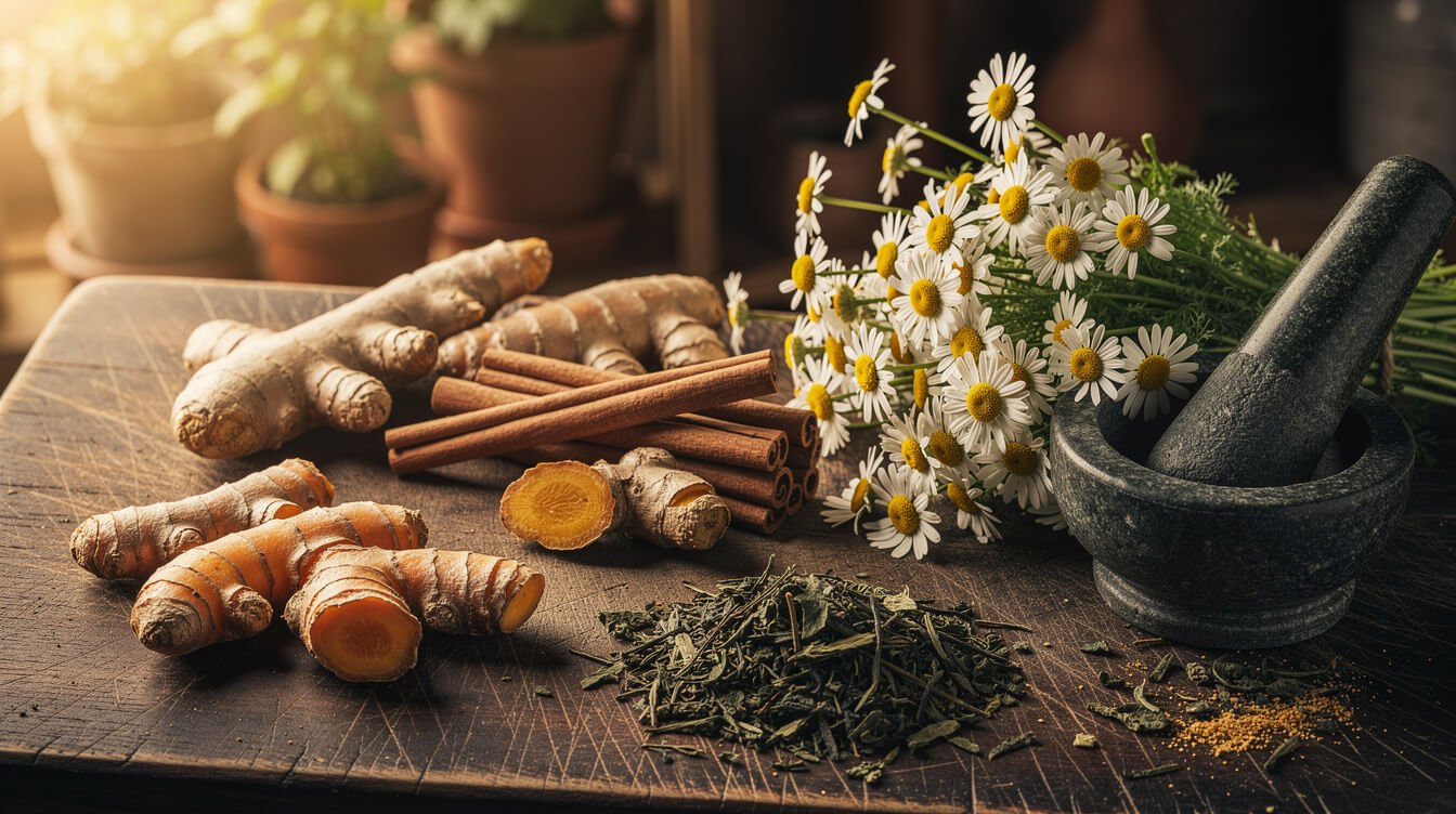 Raíz de cúrcuma, jengibre, ramas de canela y hierbas sobre una tabla de cortar de madera.