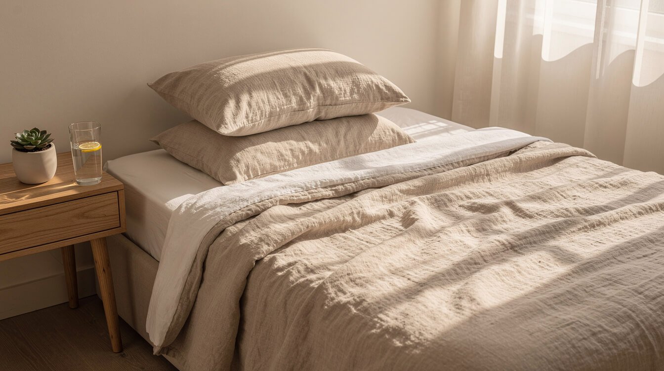 Habitación tranquila con ropa de cama natural y luz solar matutina para un sueño reparador.