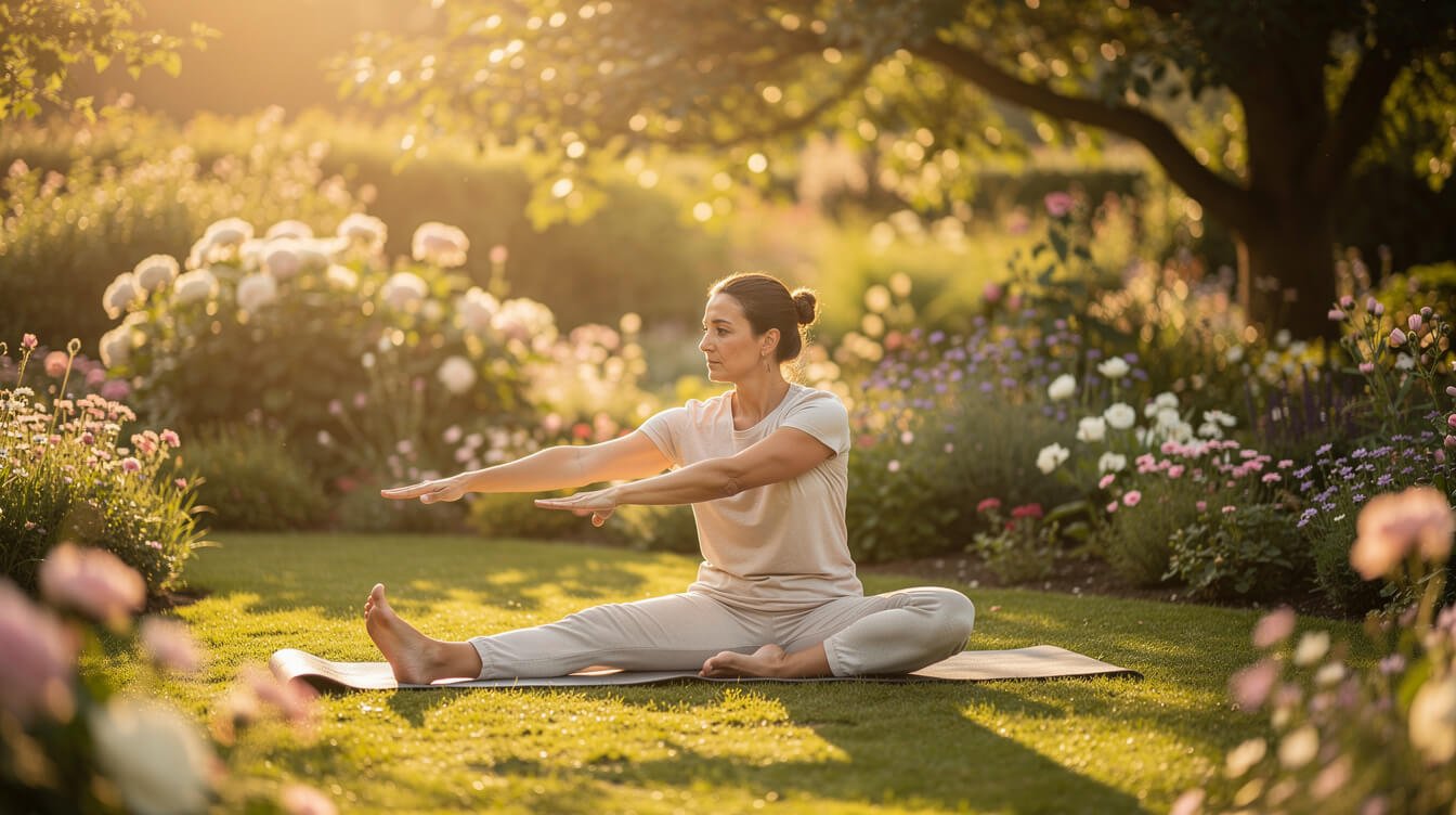 persona practicando yoga suave en un jardín soleado