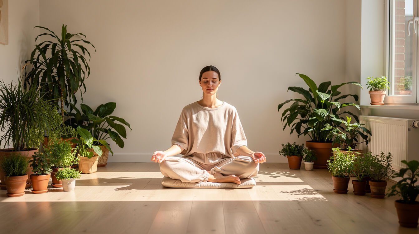 Persona meditando en una habitación luminosa con plantas para reducir el estrés y la inflamación.