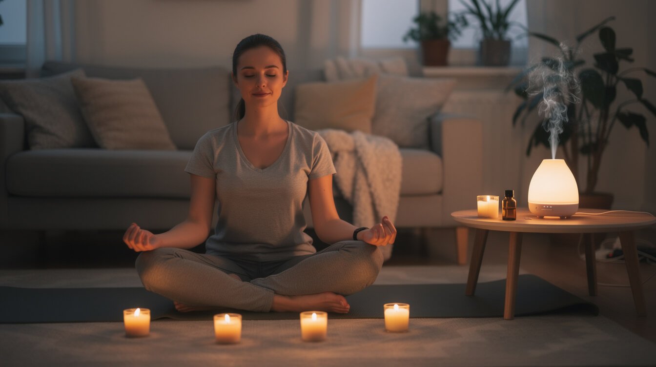 nghi thức thư giãn buổi tối giúp chăm sóc sức khỏe với thiền định và tinh dầu.
