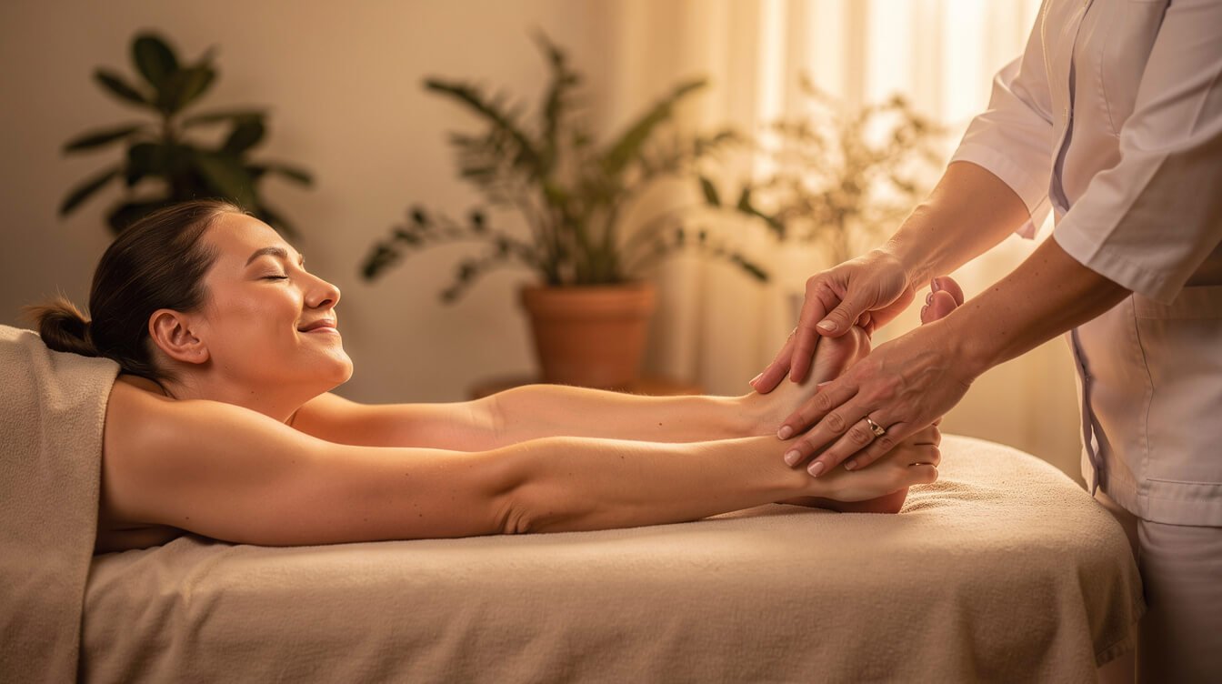 woman experiencing reflexology benefits during relaxing session