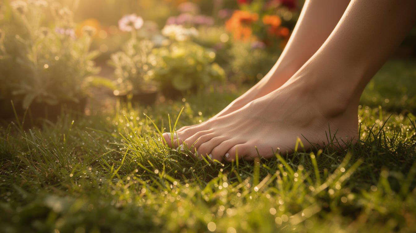 bare feet on grass connecting with nature for wellness