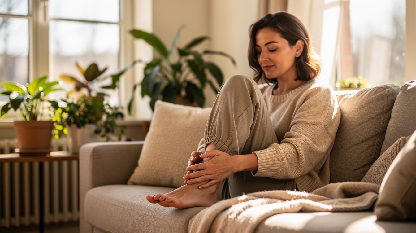 person practicing self-reflexology at home