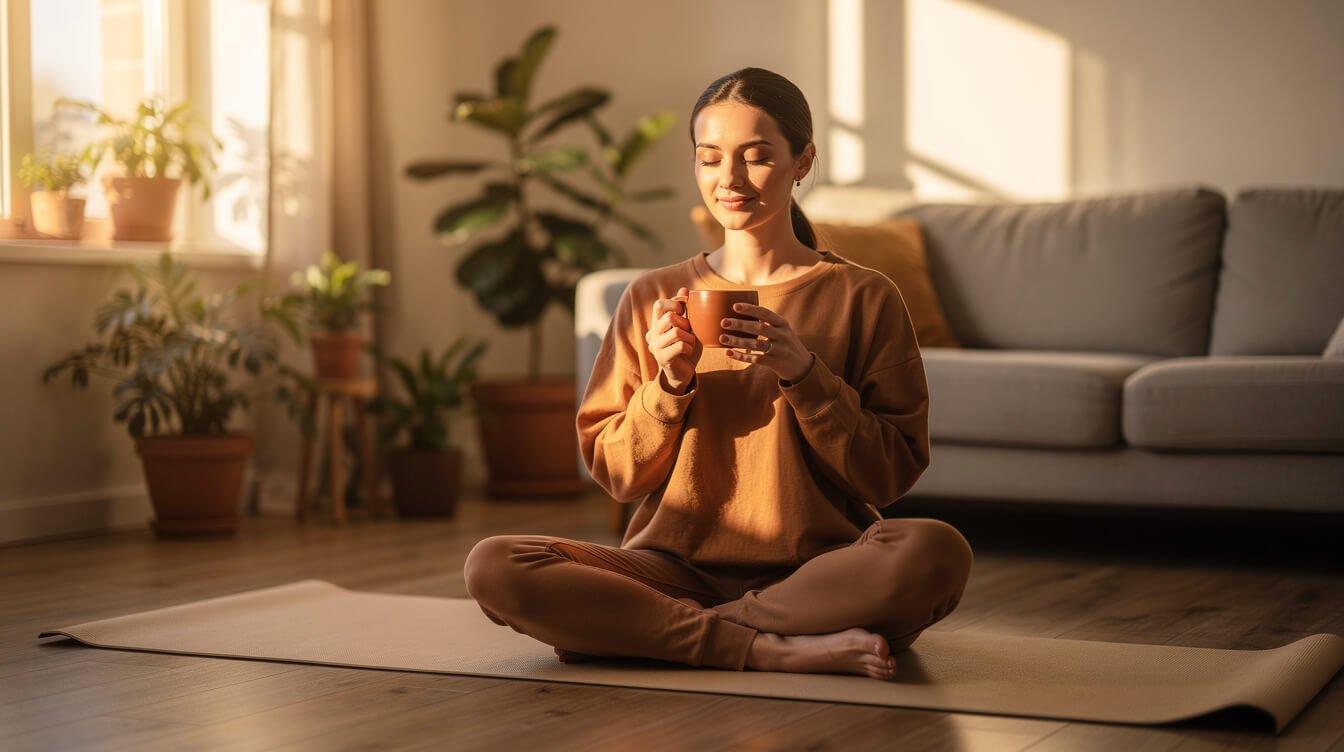 woman practicing wellness routine with adaptogenic herbs