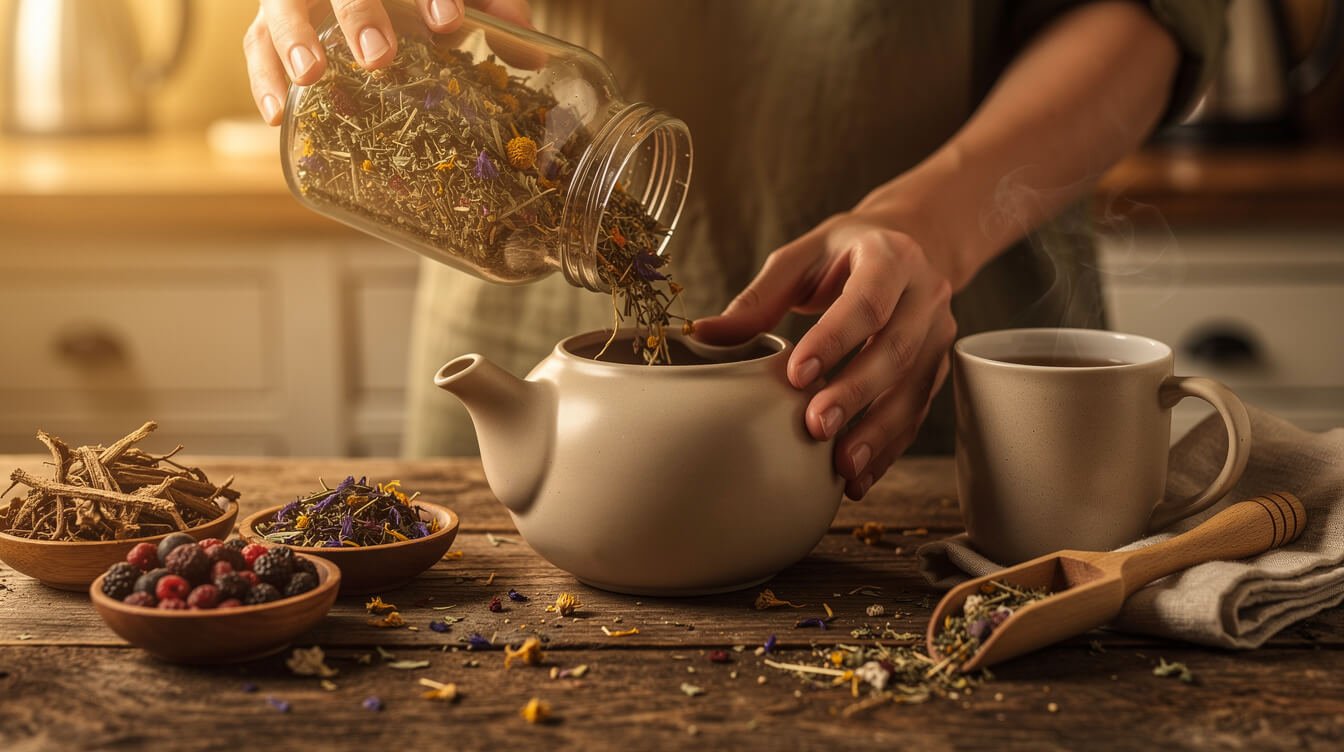 preparing adaptogenic herb tea blend
