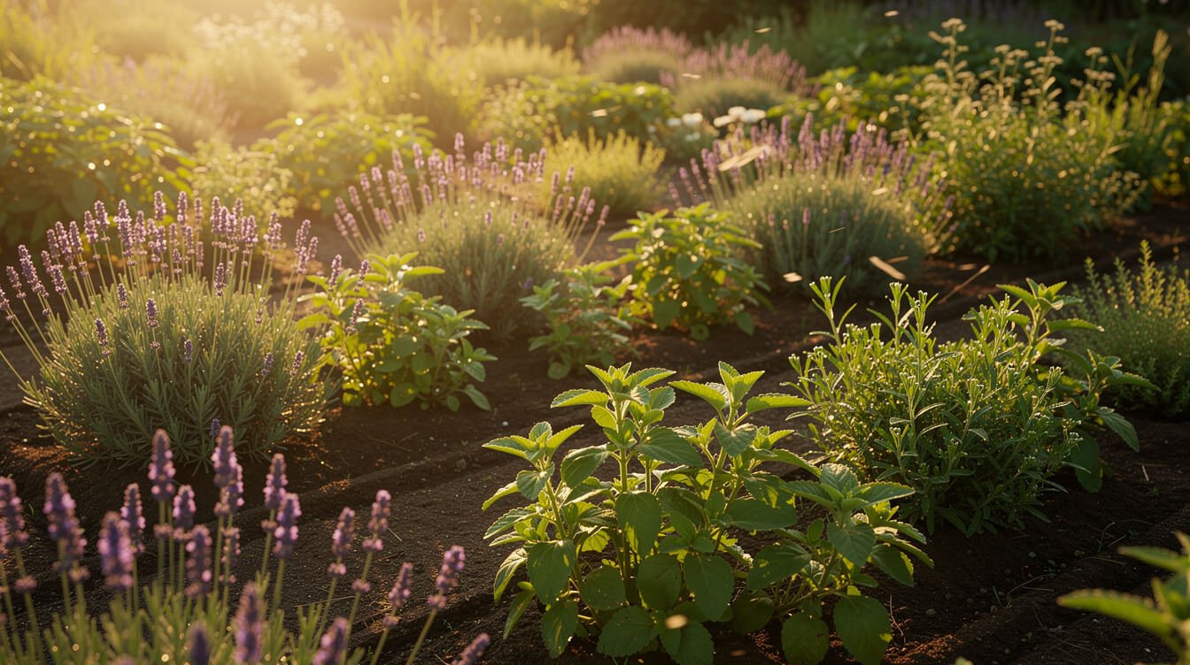 herb garden with medicinal plants used as adaptogens for stress