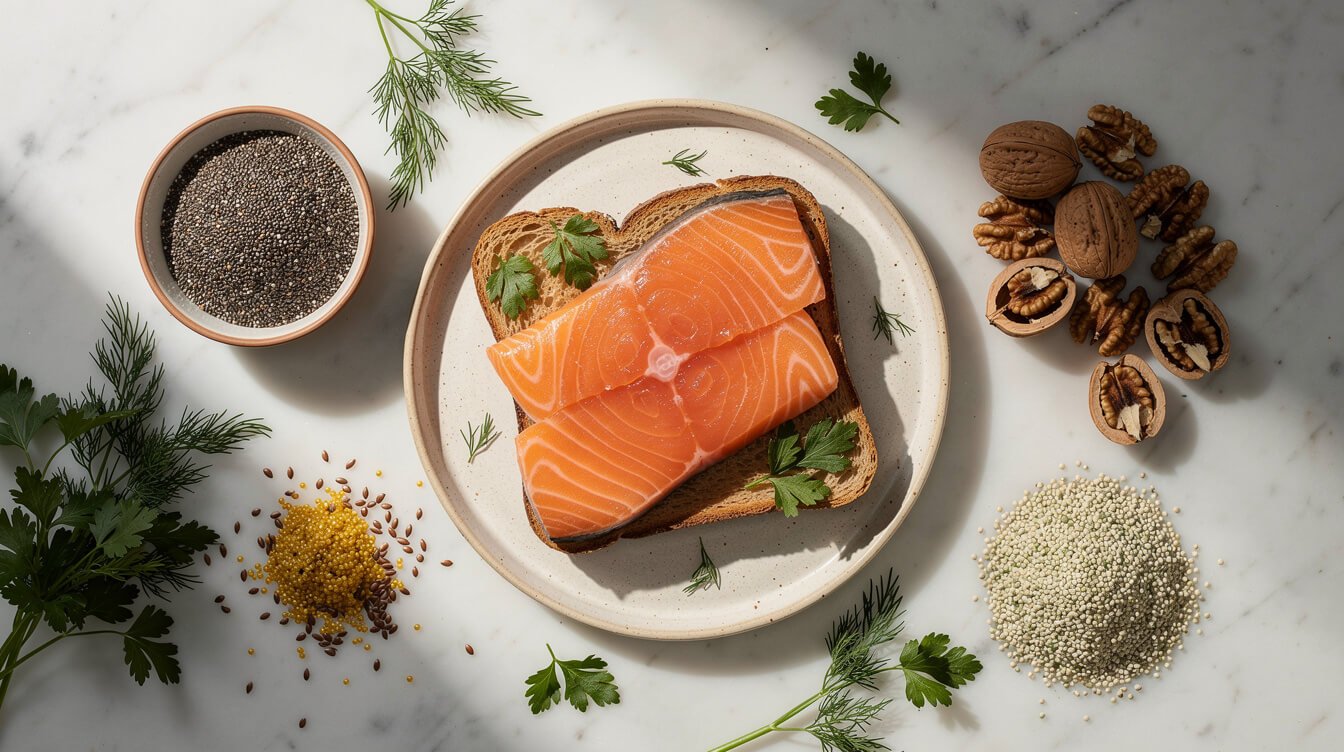 Các loại thực phẩm ăn sáng giàu omega-3 bao gồm hạt chia, quả óc chó và hạt lanh.