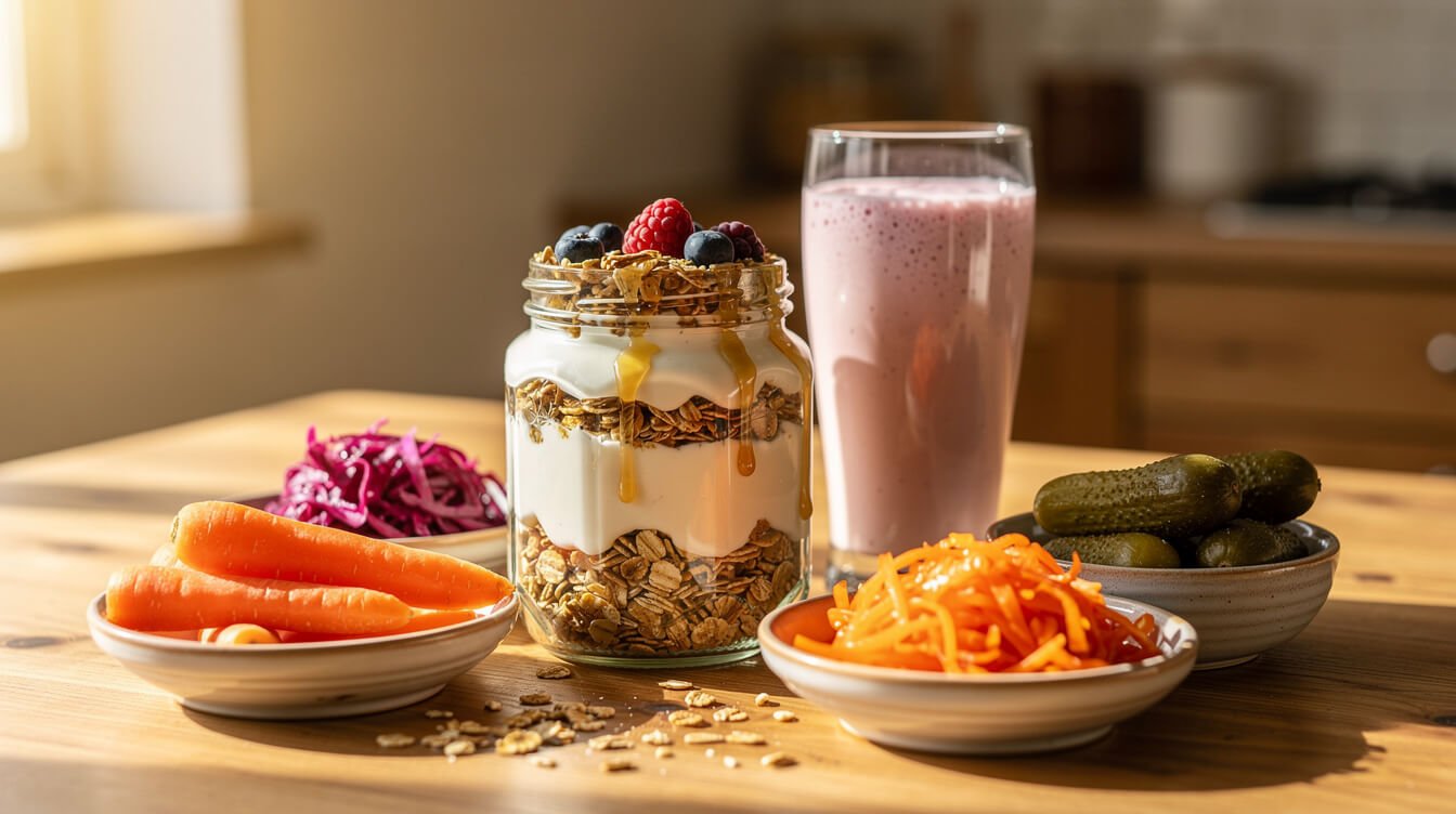 Các thực phẩm ăn sáng giàu probiotic, bao gồm sữa chua và kefir, tốt cho sức khỏe đường ruột.
