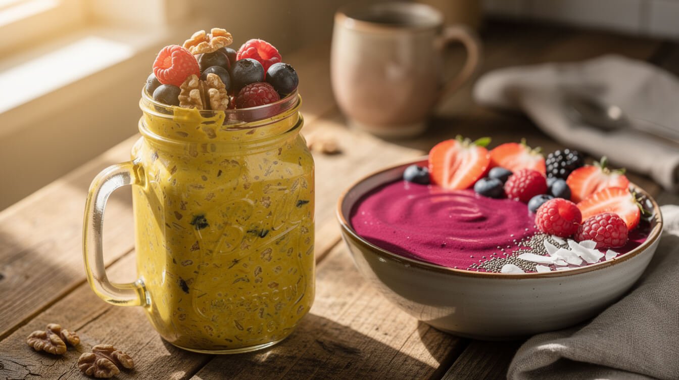 anti-inflammatory breakfast recipes with turmeric overnight oats and berry smoothie bowl