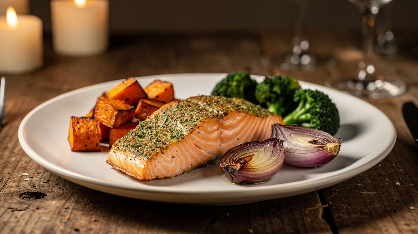 herb-crusted baked salmon with roasted vegetables anti-inflammatory dinner