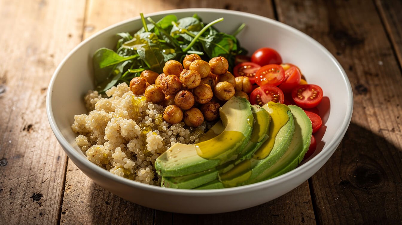 Mediterranean rainbow grain bowl with anti-inflammatory ingredients