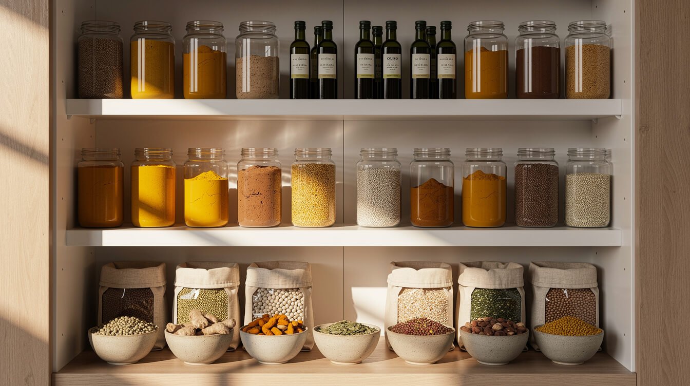 organized anti-inflammatory pantry with spices, oils, grains, and nuts