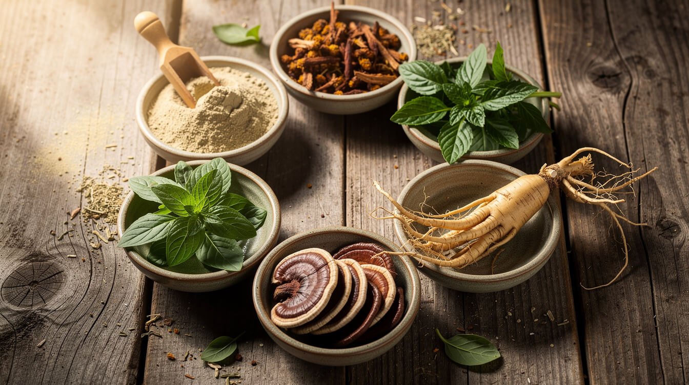 the best adaptogenic herbs for stress relief arranged in ceramic bowls