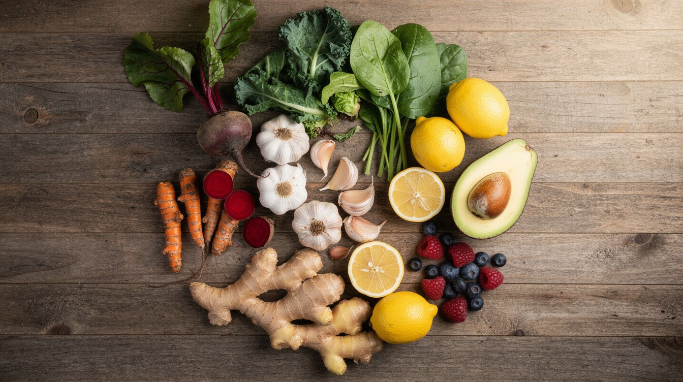 liver supportive detox foods flat lay with turmeric beets and greens