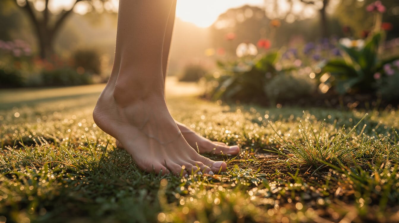 grounding benefits - person walking barefoot on grass