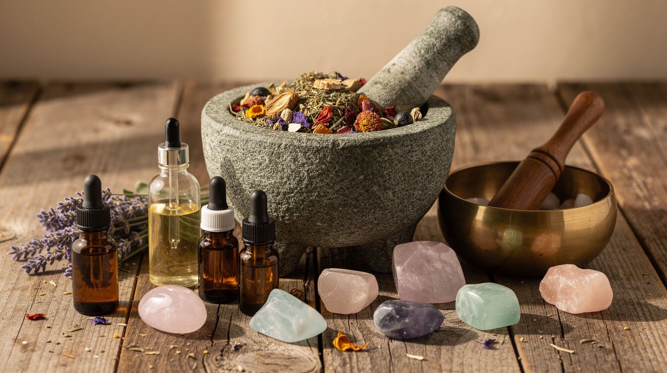 natural therapy tools including herbs, essential oils, and singing bowl for holistic wellness