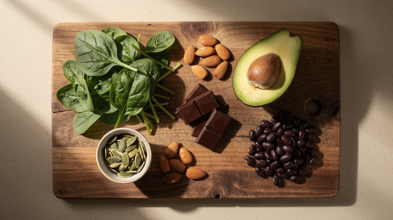 magnesium-rich foods including seeds nuts and dark leafy greens