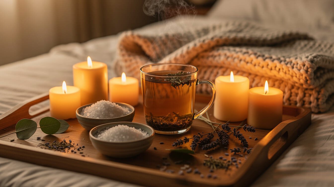 magnesium wellness routine with bath salts and herbal tea