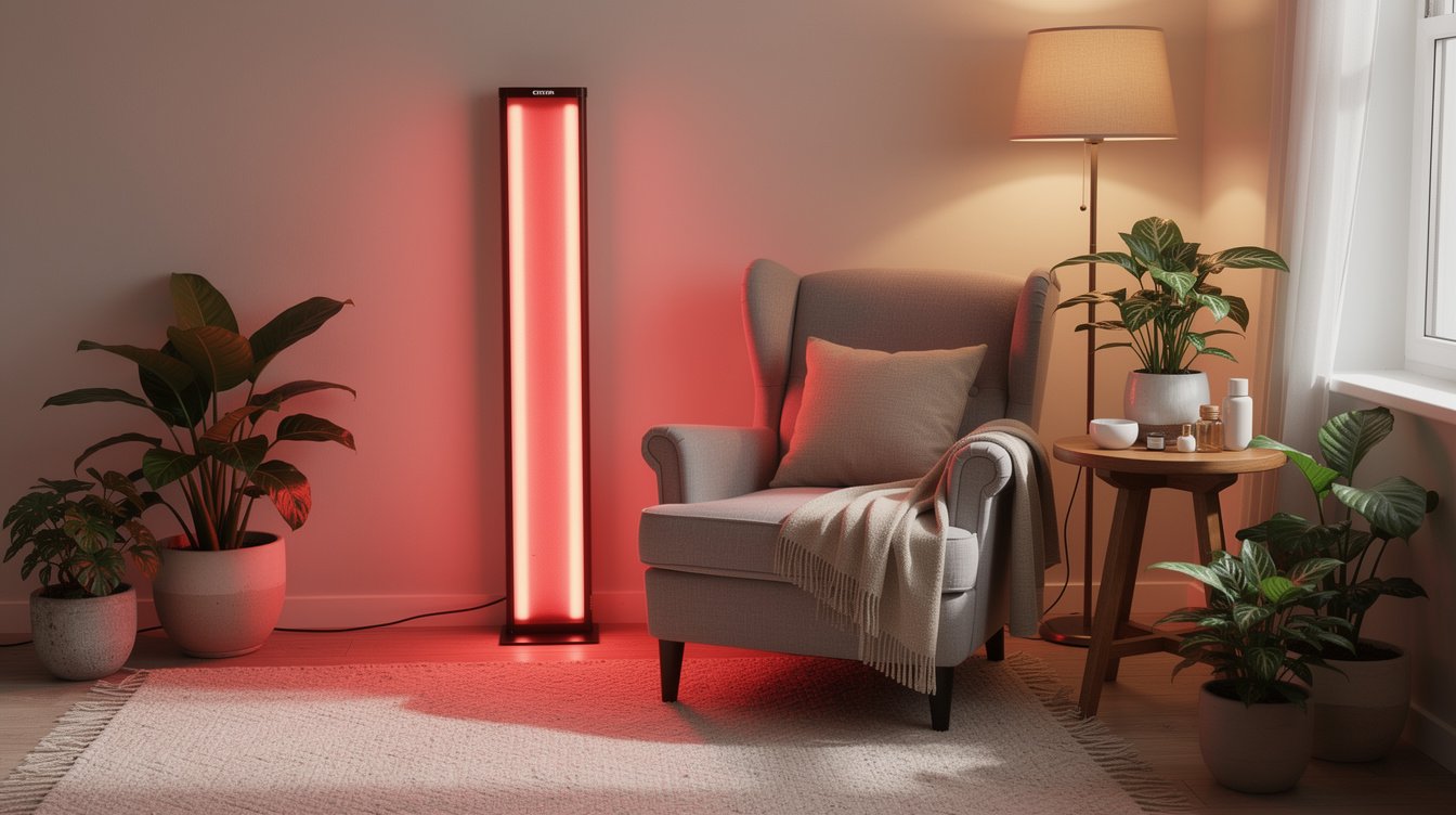 home red light therapy setup and wellness space