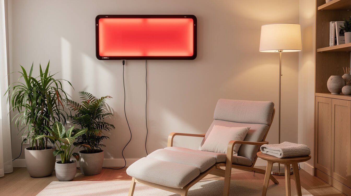 home red light therapy setup with panel in wellness corner