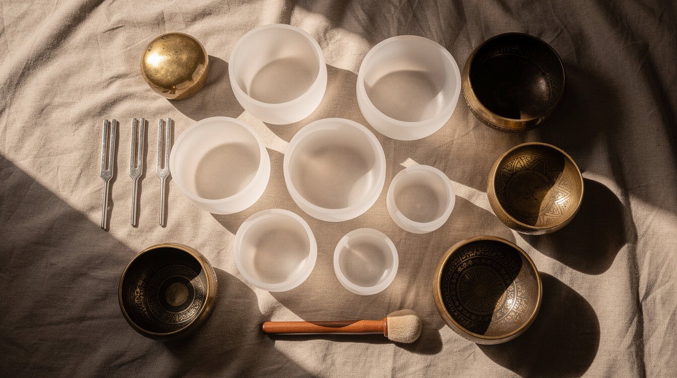 types of sound healing instruments including singing bowls and tuning forks