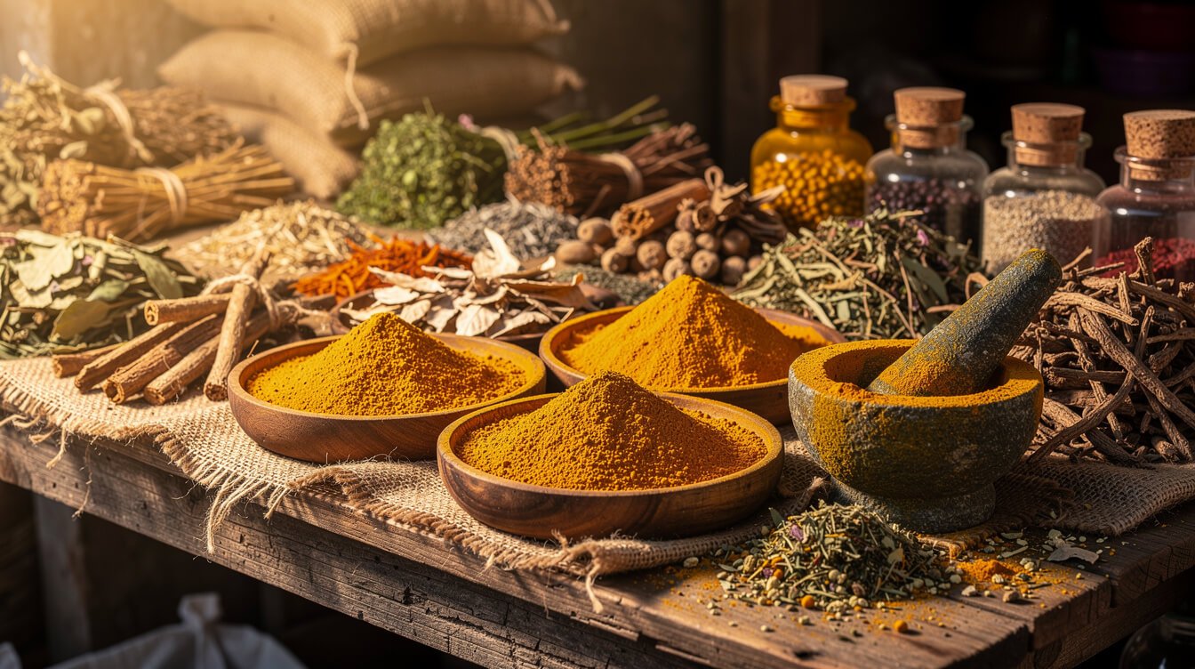 Traditional turmeric roots and golden powder in wooden bowls with mortar and pestle