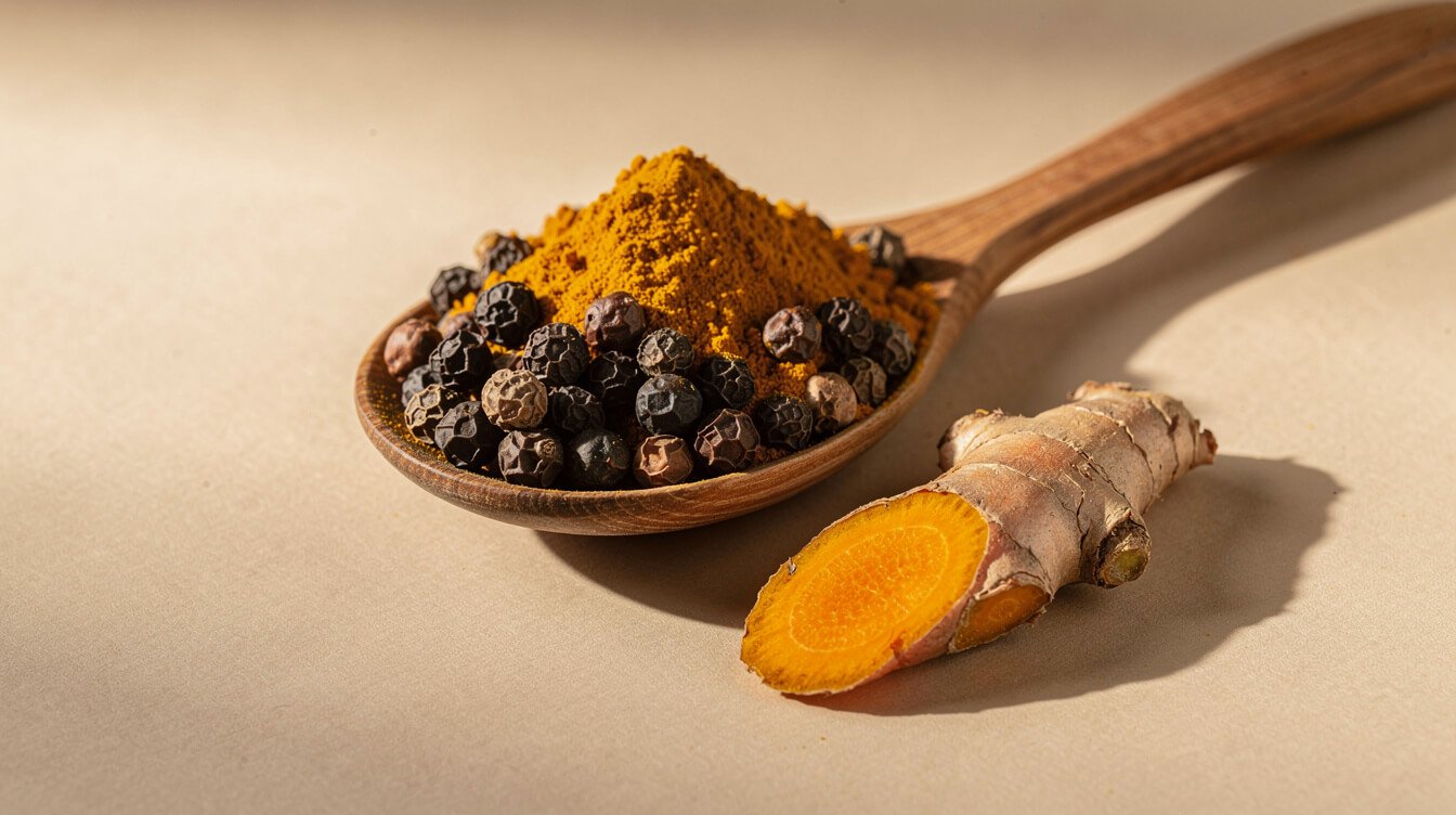 Black pepper and turmeric powder on wooden spoon for enhanced absorption