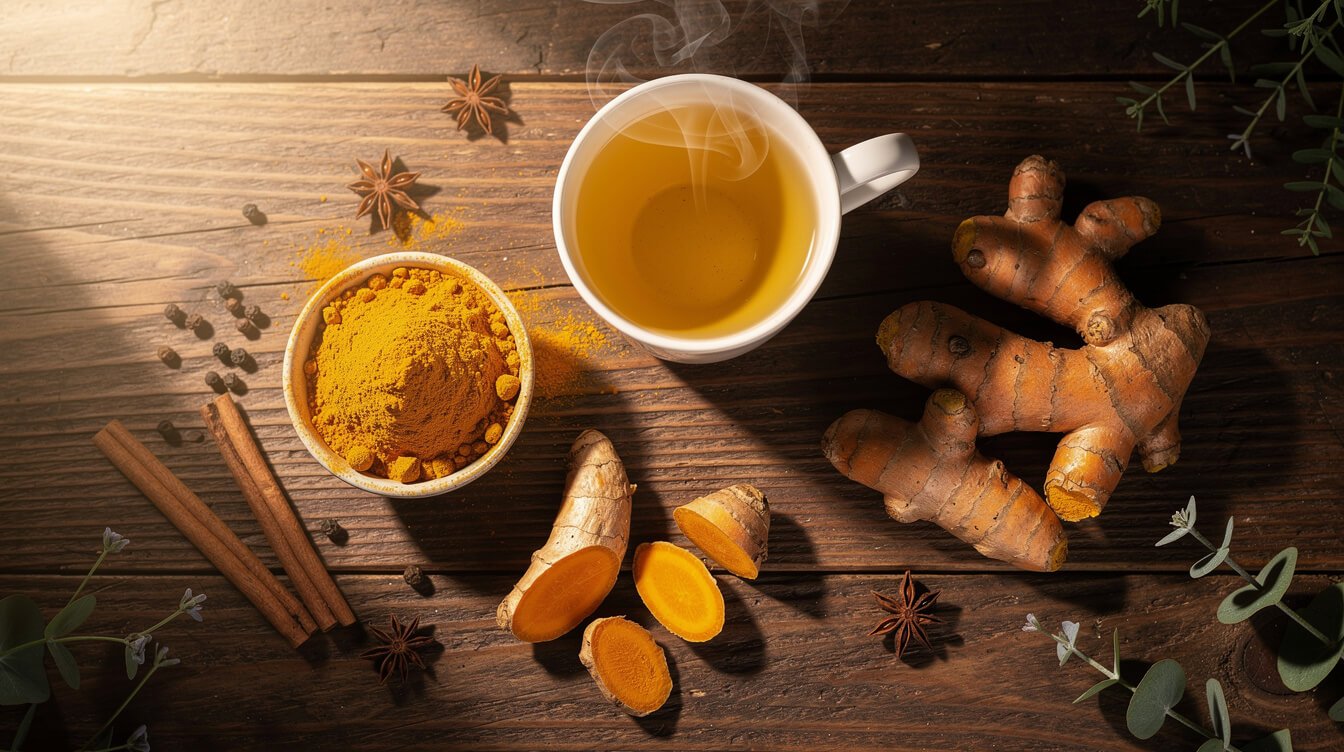Overhead view of turmeric powder, fresh roots, and golden tea on wooden table