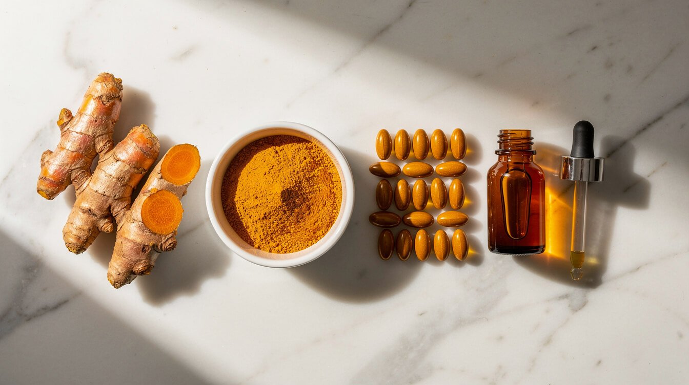 Different forms of turmeric including fresh root, ground powder, and supplement capsules