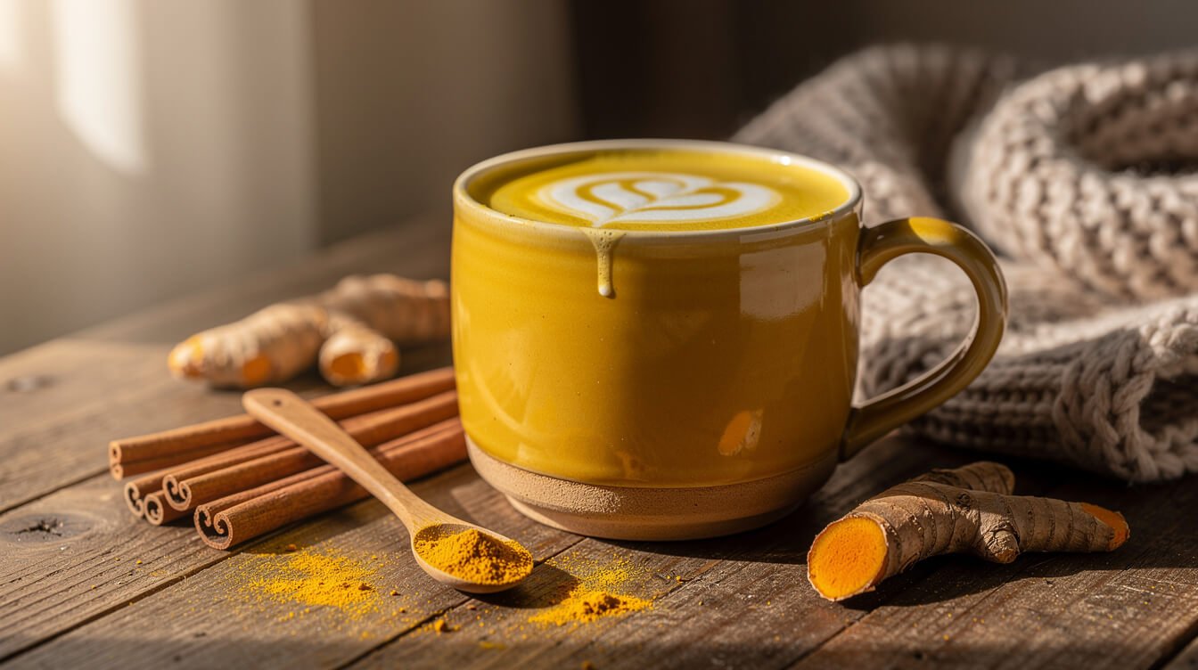 Golden turmeric latte in ceramic mug with cinnamon and fresh turmeric root